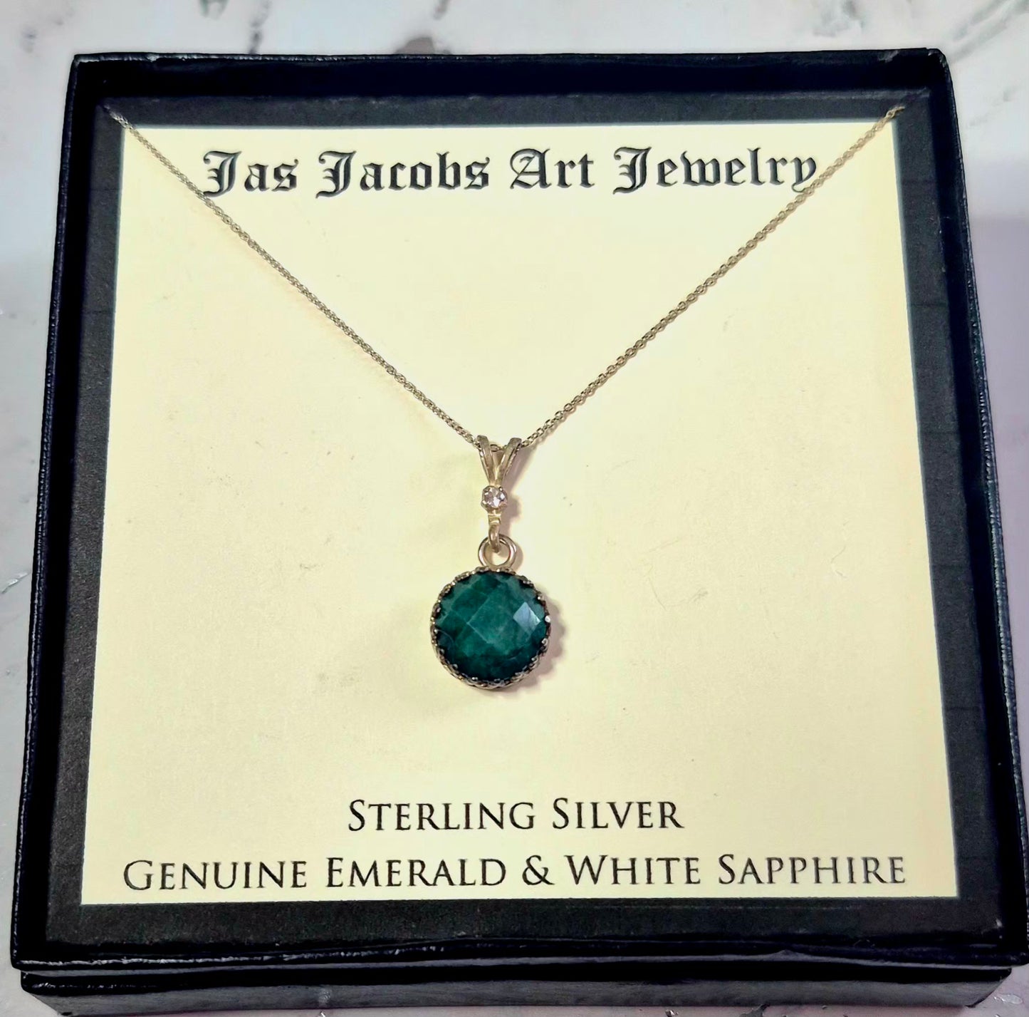 Artisan "Jas Jacobs" Sterling Silver Genuine Emerald & White Saphire Necklace