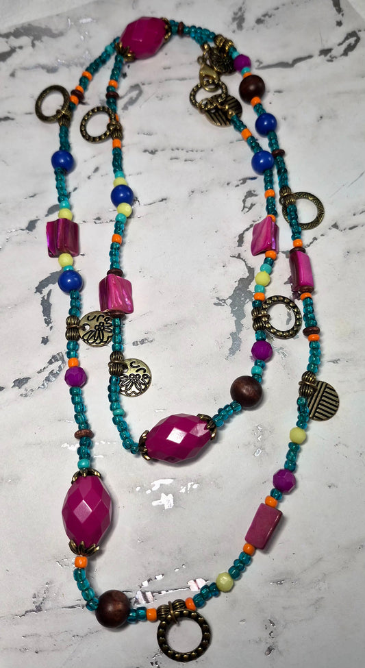 Beautiful Vintage Premier Designs Tropical Punch Multicolored Beaded Boho Necklace 38"