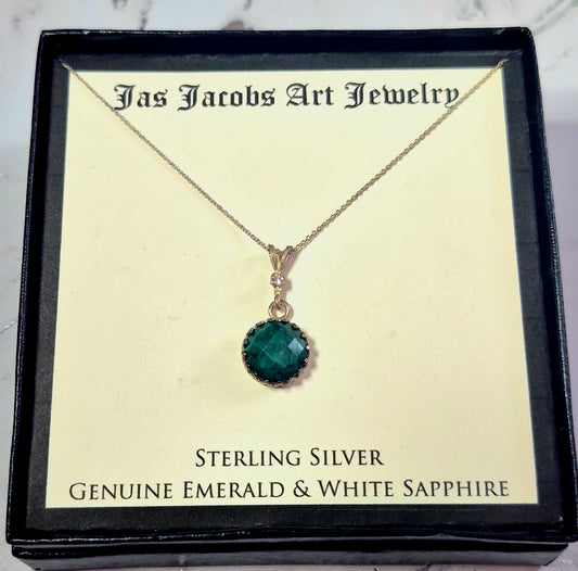 Artisan "Jas Jacobs" Sterling Silver Genuine Emerald & White Saphire Necklace