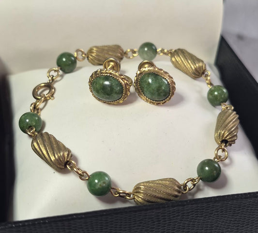 Beautiful Vintage 1/20 12k Gold Filled Jade Bracelet & Earrings